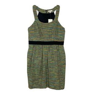 Shoshanna Green Stripe Silk Blend Metallic Sleeveless Pleated Tweed Dress 6 New